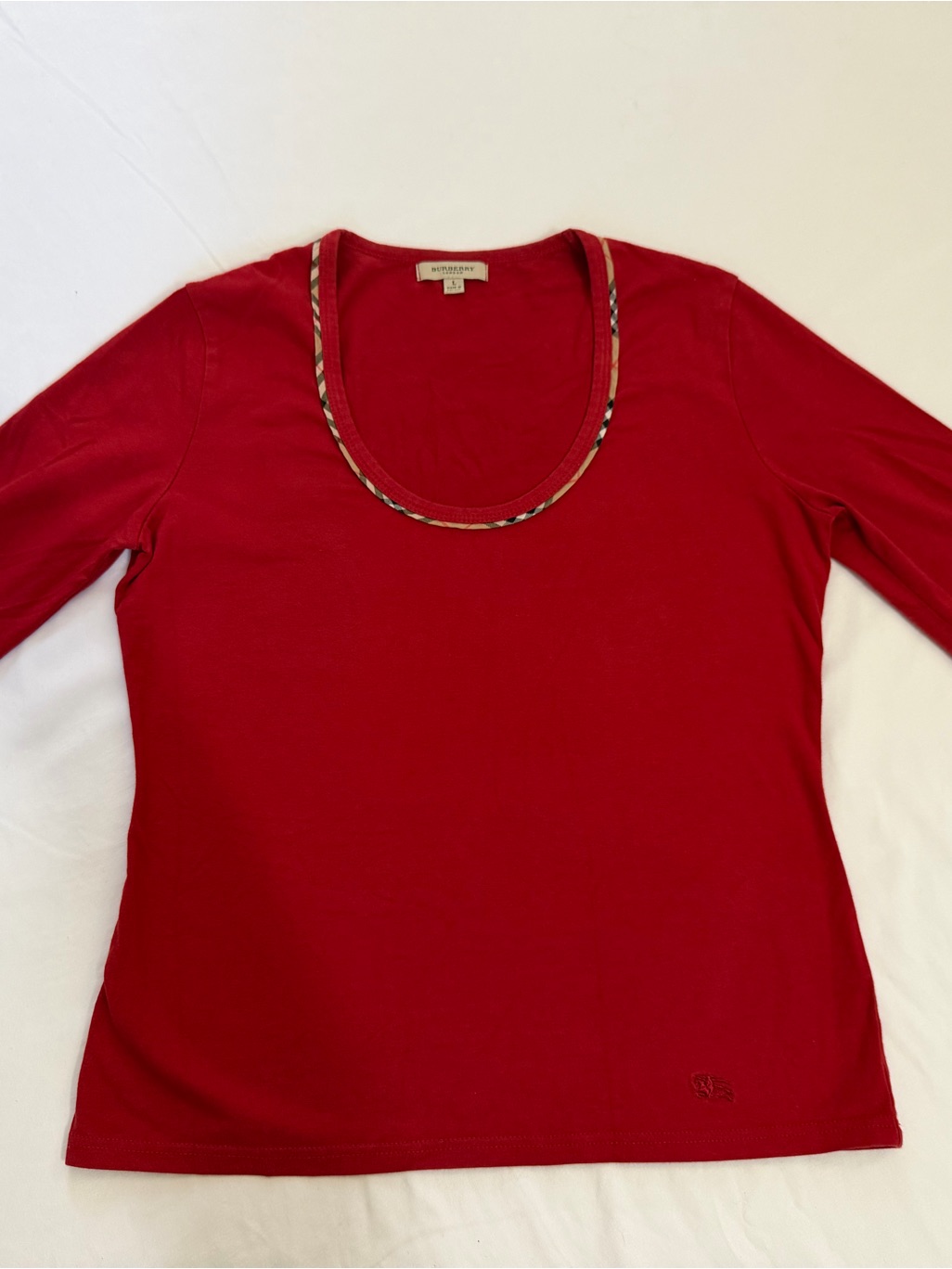 Burberry Red Long Sleeve Scoop Neck Top With Signature Trim
